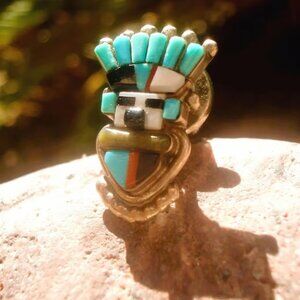 1950's, Phenomenal, Kachina, Zuni Signed, Stone Inlay, Sterling Tie Tack